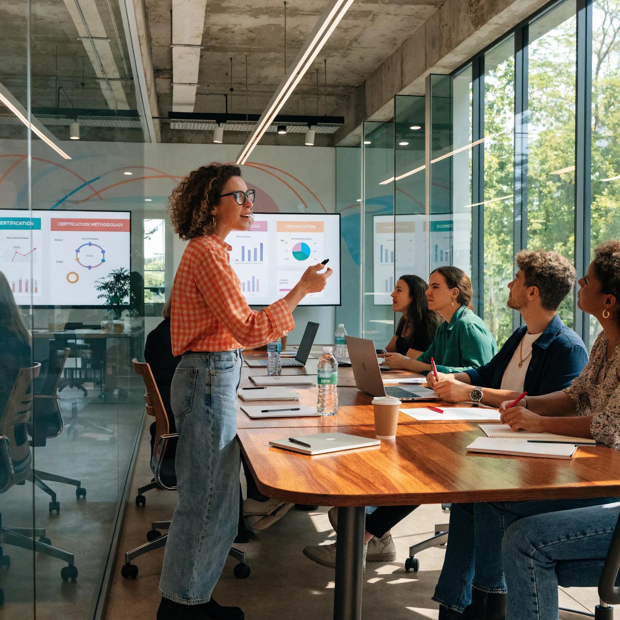 Vrouw presentatie geven over ISO certificering en ROI analyse in moderne kantoorruimte.