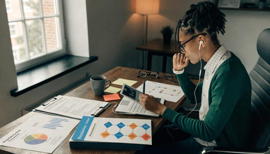 Vrouw met bril en oordopjes aan het werk aan een bureau met documenten en diagrammen