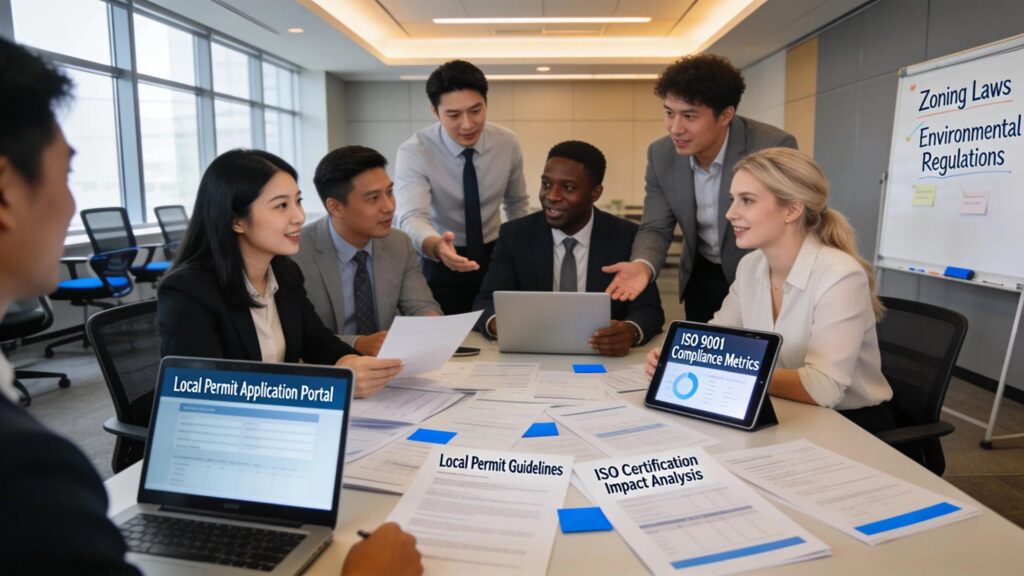 Diverse business professionals discussing local permits in a modern office, emphasizing certification processes