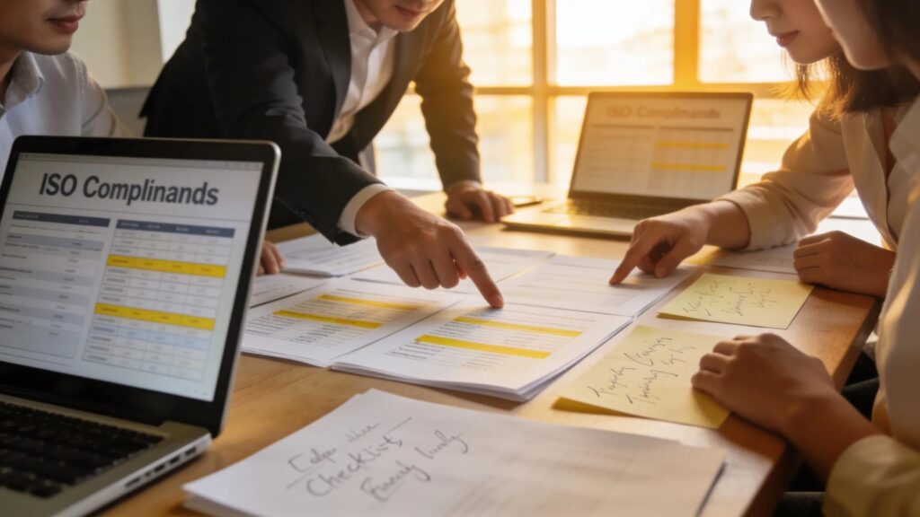 Business professionals reviewing ISO standards and compliance documentation during a meeting