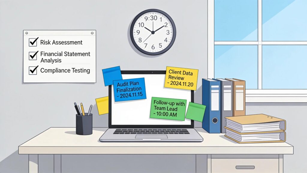 Risicoanalyse en compliance testen op laptop met auditplanning en deadlines.