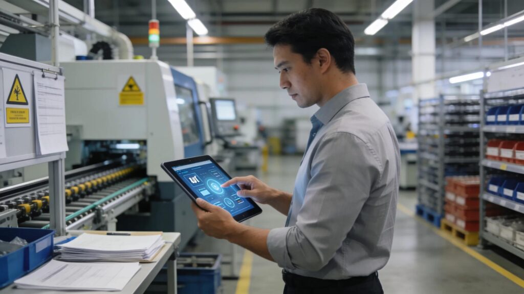 Professional auditor using a tablet for digital auditing in a manufacturing facility