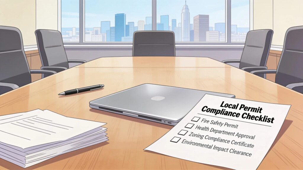 Lokale vergunningen compliance checklist op tafel tijdens ISO audit, met documenten en laptop.