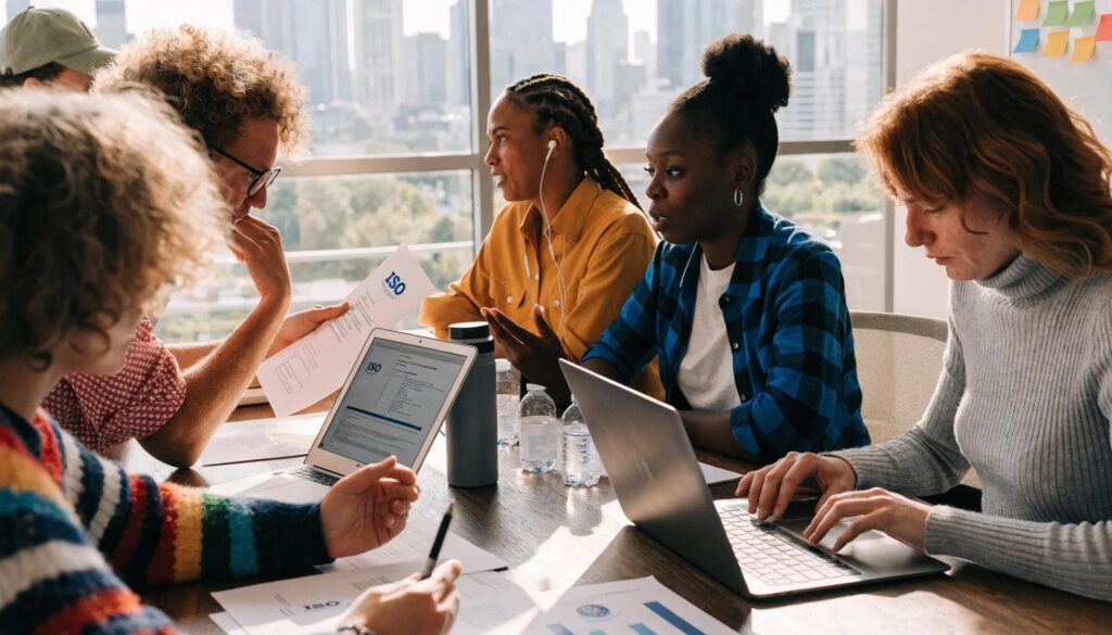 Group of diverse professionals discussing ISO certification trends in a modern office