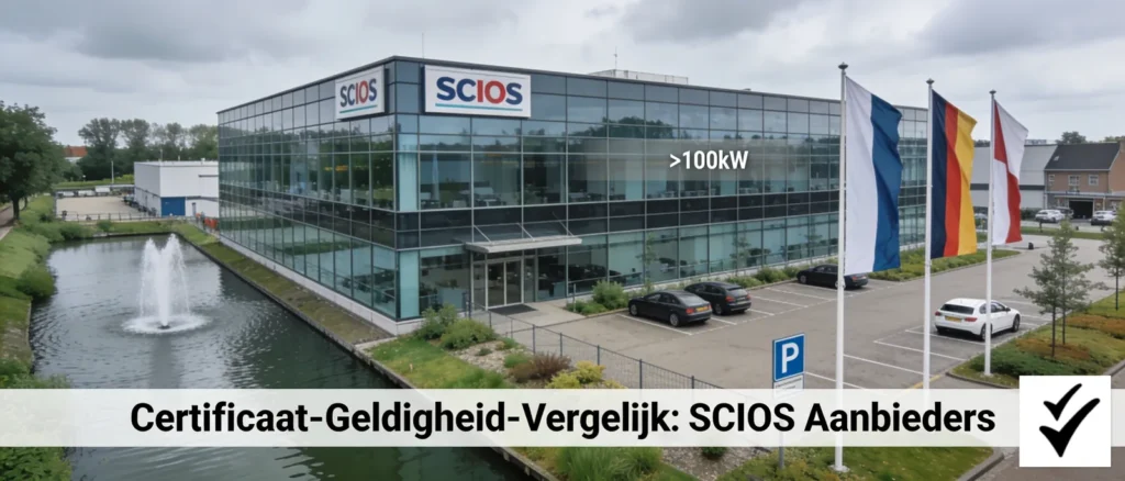 SCIOS-gecertificeerde aanbieders kantoor in Amsterdam, met SCIOS logo en vlaggen van Nederland, Duitsland en België.
