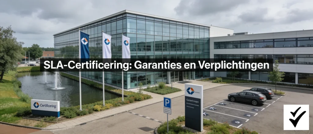 Stratlane NL kantoorgebouw in Amsterdam met certificeringsvlaggen en parkeerplaats, illustrerend SLA-certificering garanties en verplichtingen.