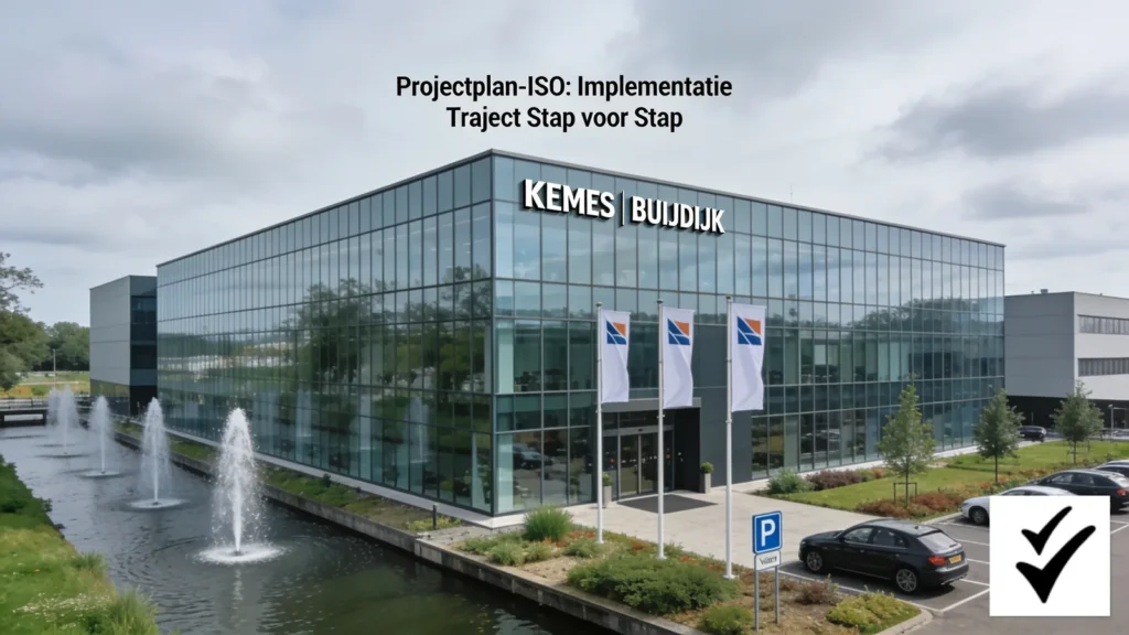 Modern kantoorgebouw met vlaggen en fonteinen, illustratie ISO-implementatietraject Stratlane NL in Amsterdam, Nederland.