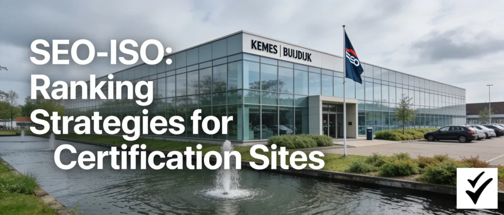 SEO-ISO: KEMES | BULDUIJK kantoorgebouw met branding en vlaggen, illustratie van rankingstrategieën voor certificeringssites.